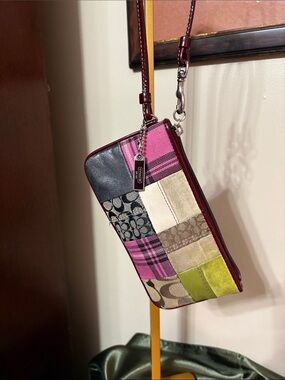 Coach Pink Multi Patchwork Wristlet with Green Accent